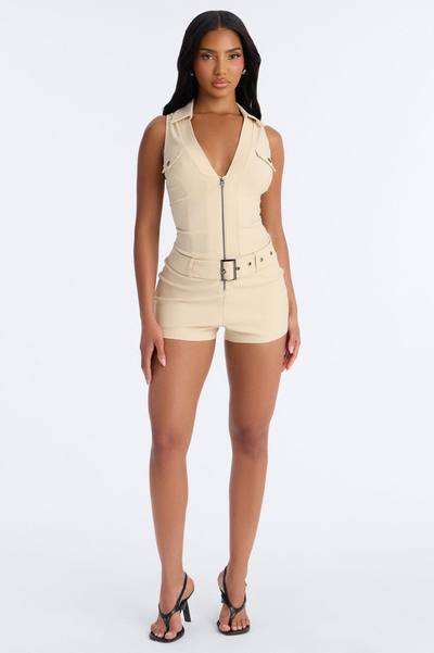 Shana Zip Front Belted Romper - Beige