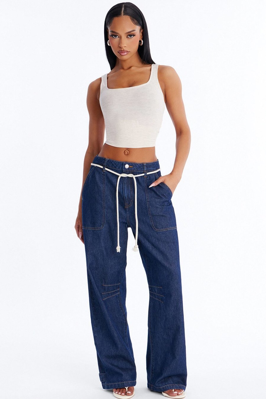Nonchalant Drapey Tie Waist Jeans - Denim