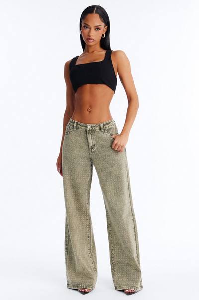 Dazzling Days Low Rise Washed Embellished Pant - Olive