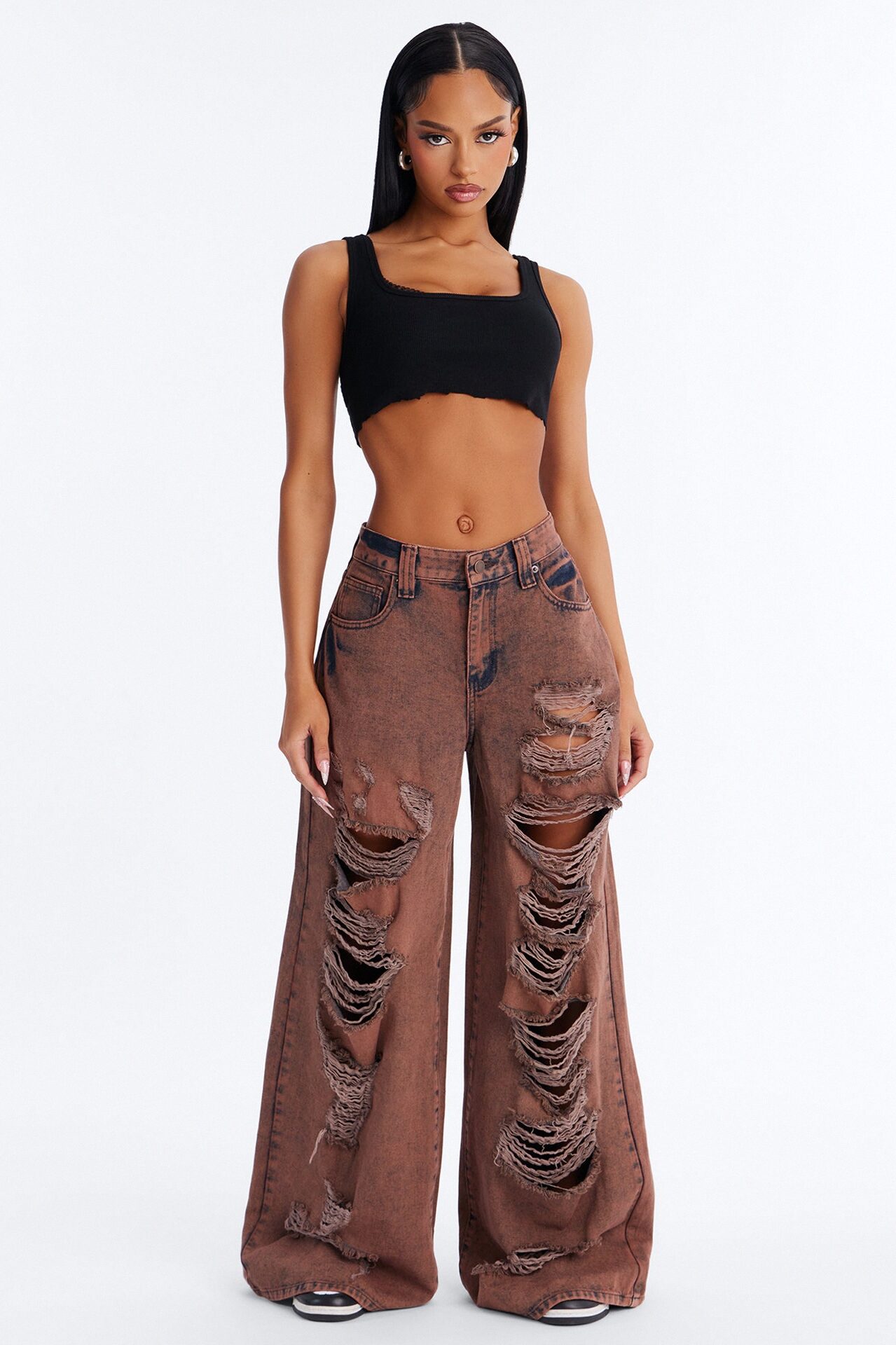 Inferno Ripped Baggy Wide Leg Jeans - Brown