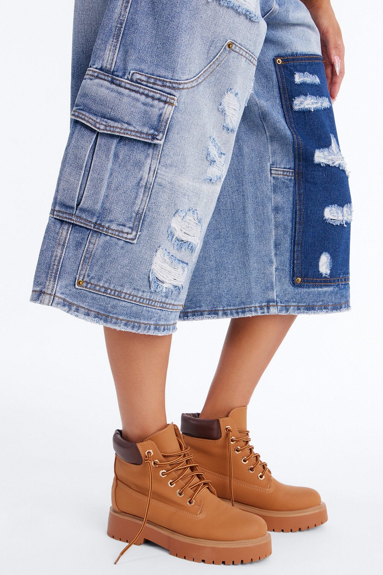 Just Like It Ripped Cargo Denim Jorts - Medium Wash