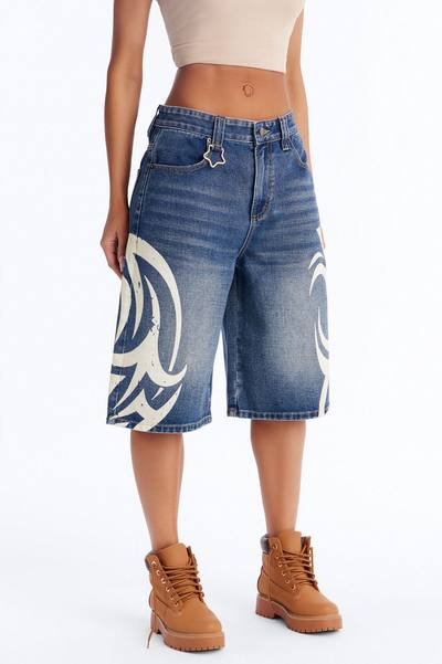 Furiosa Printed Baggy Denim Jorts - Vintage Wash