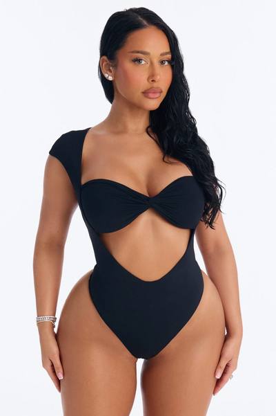 Second Skin Double Lined Cut Out Cap Sleeve Bodysuit - Black