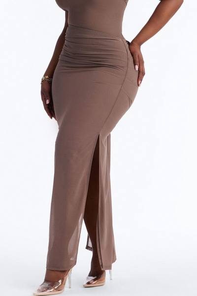 Power Mesh Ruched Maxi Skirt - Brown
