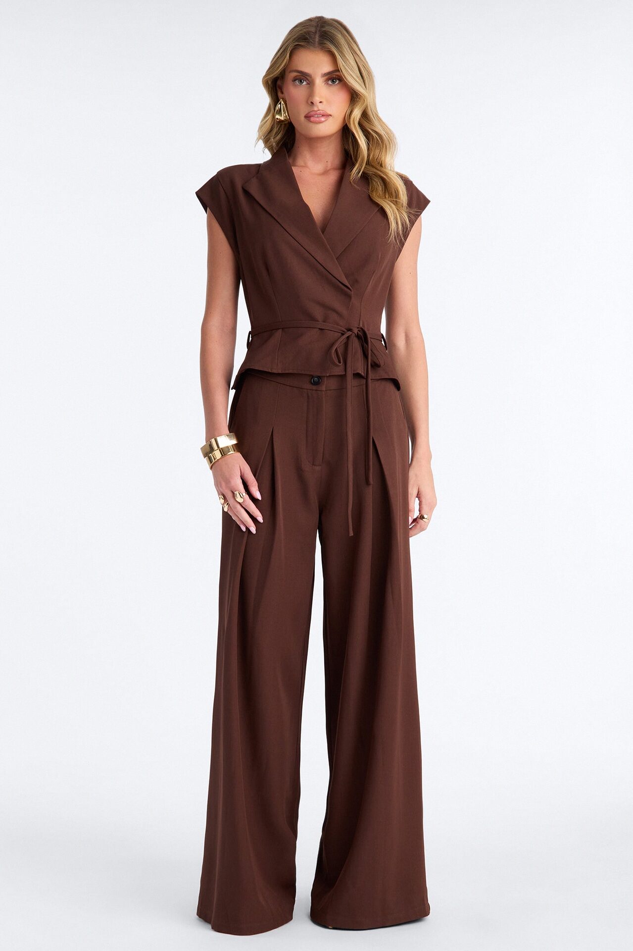 Cynthia Tie Waist Wide Leg Jumpsuit - Chocolate