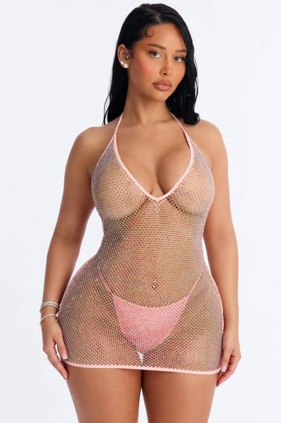 Sparkle Me Up Rhinestone Fishnet Chemise - Pink/combo