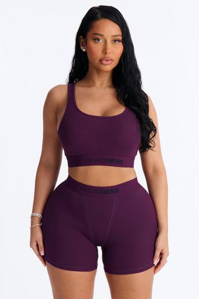 Mood Cotton Ribbed Racer Back Bra and Boxer Set - Plum