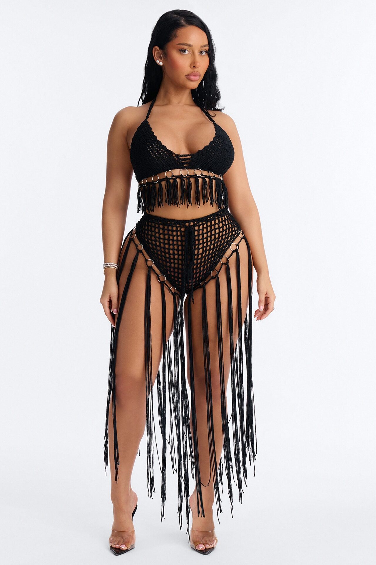 Desert Dreams 2 Piece Halter Bralette Crochet Fringe Sunsuit - Black