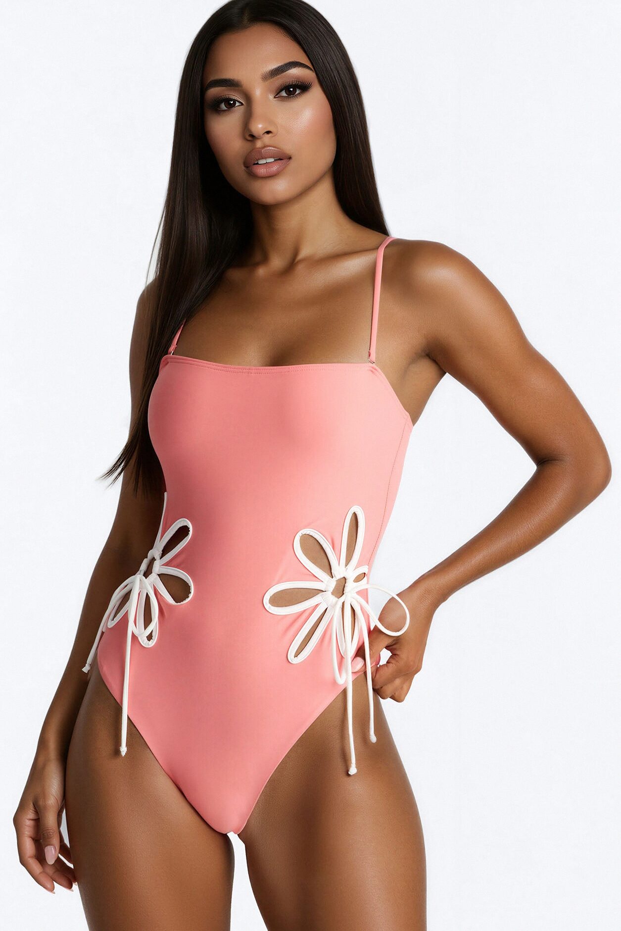 Sweet Spell 1 Piece Strapless Floral Cut Out Swimsuit - Coral
