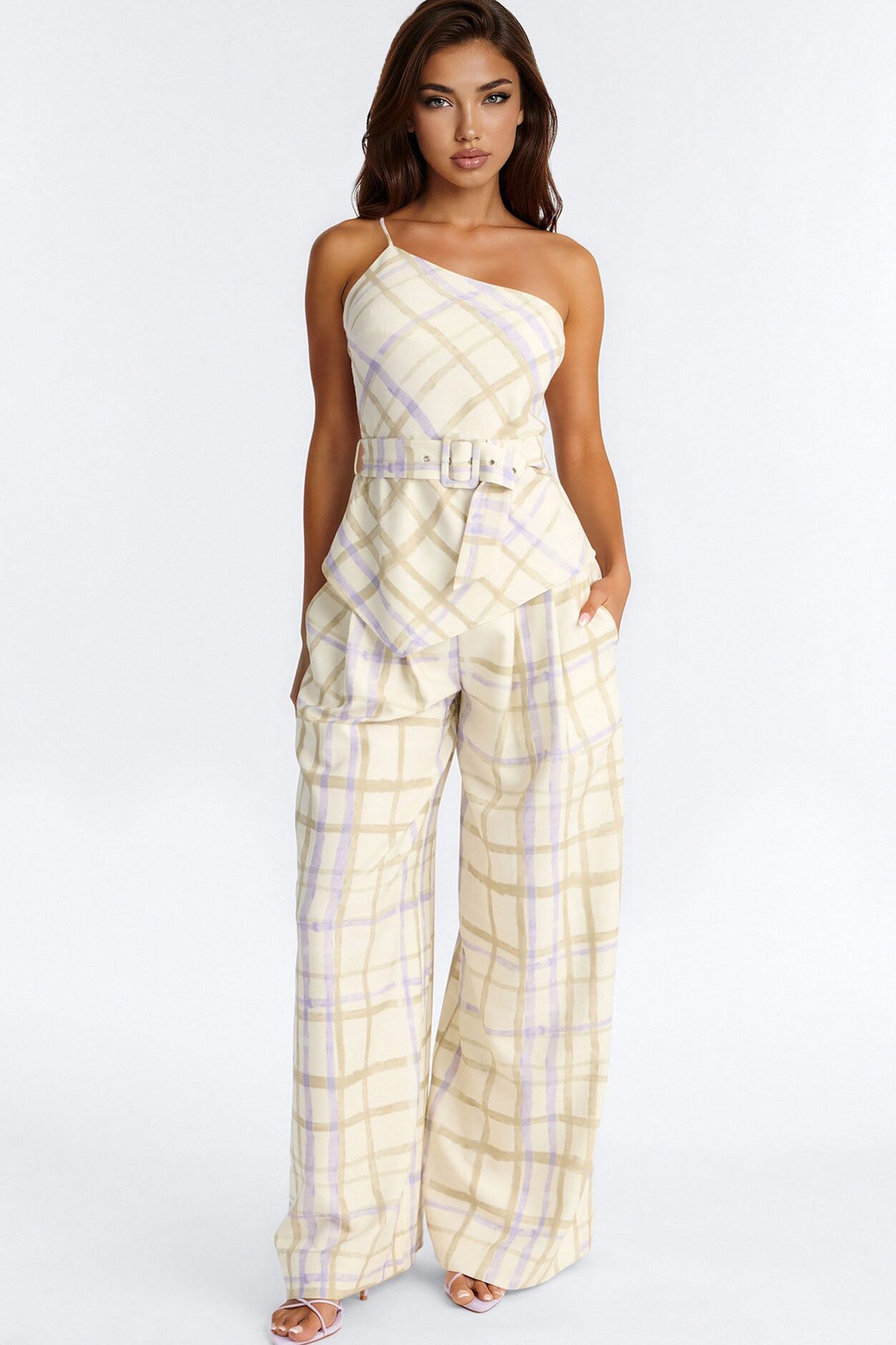 Jordan One Shoulder Belted Plaid Pant Set - Cream/combo