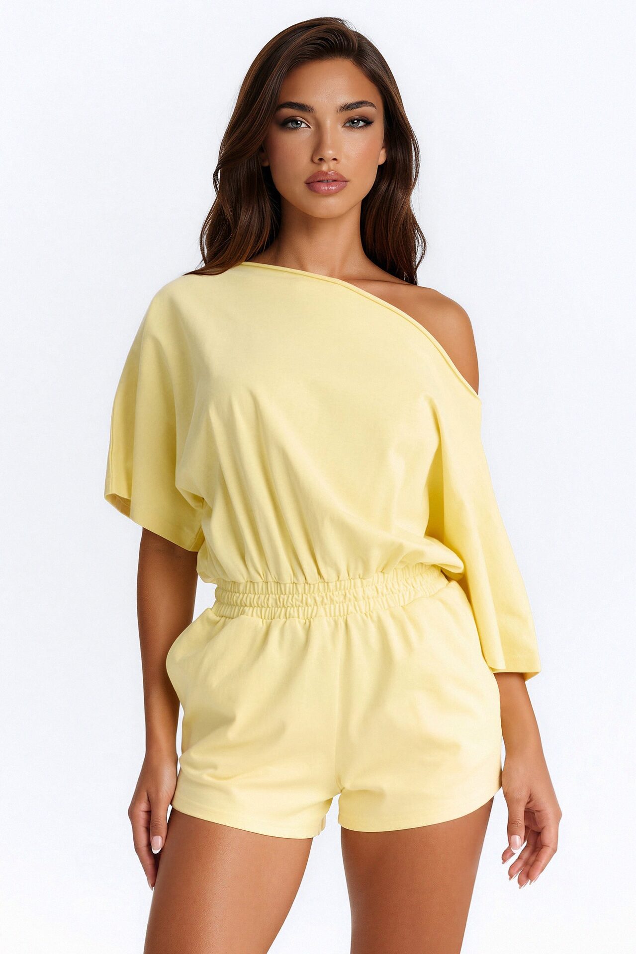 Sunday Dream Cotton Off Shoulder Romper - Butter Yellow