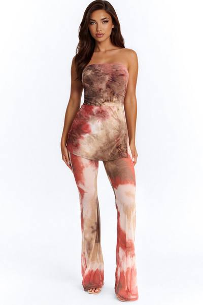 Isabella Mesh Tie Dye Flare Jumpsuit - Brown/combo
