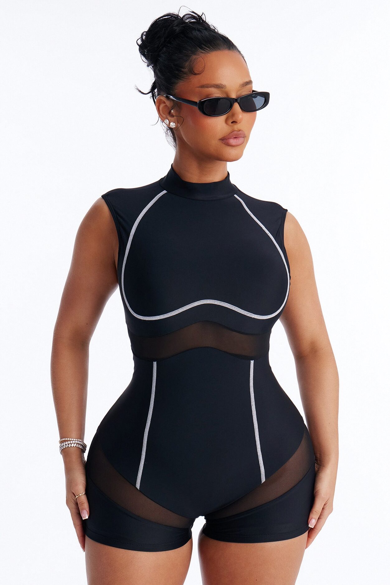 Jestena 1 Piece Turtle Neck Cutout Mesh Romper Swimsuit - Black