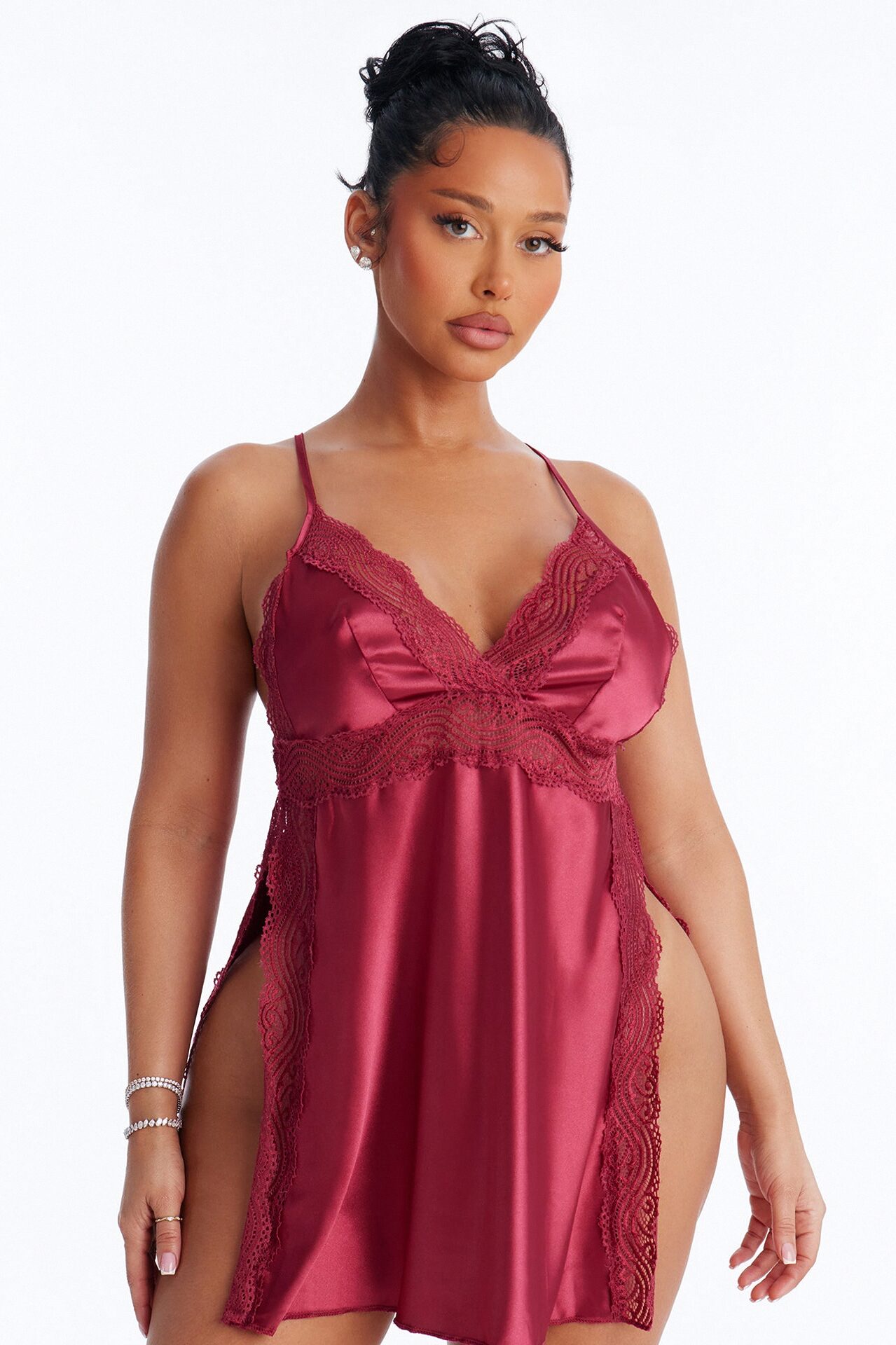 Martina Satin Lace Trim Babydoll - Red