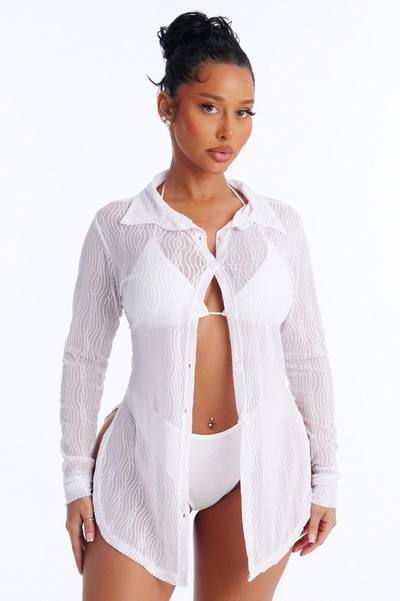 Take It Easy Mesh Cover Up Button Up Shirt - White