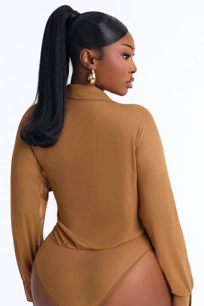 Taryn Sheer Mesh Long Sleeve Bodysuit - Mocha