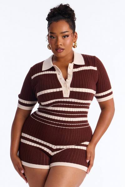 Clementine Crochet Striped Romper - Chocolate/Combo