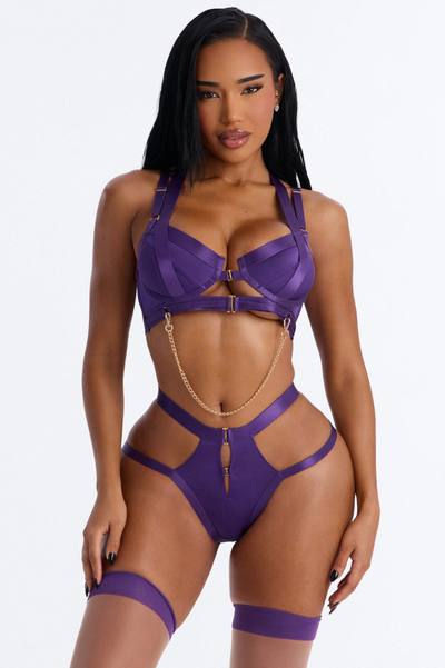 Vivi Satin Strappy 3 Piece Bra And Panty Thigh High Set - Purple