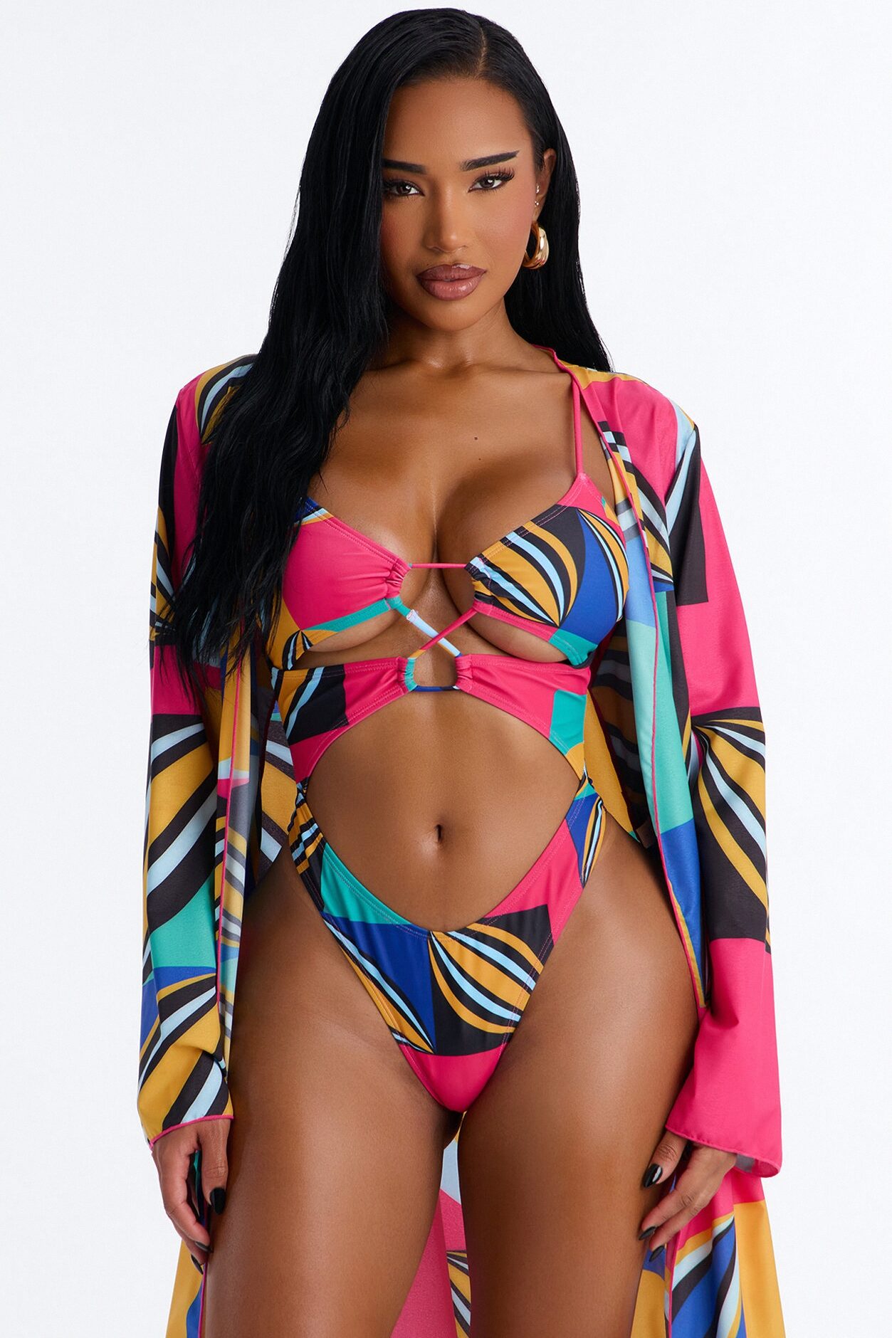 Leila Abstract Cut Out 1 Piece Swimsuit With Swim Cover Up Kimono - Multi Color