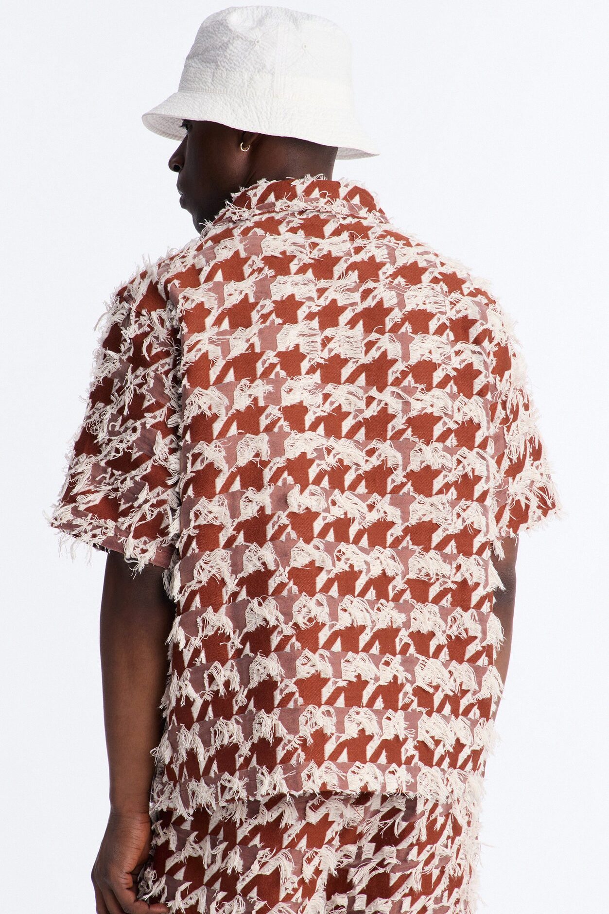 Relaxed Houndstooth Nomad Cuban Collar Button Up Shirt - Brown
