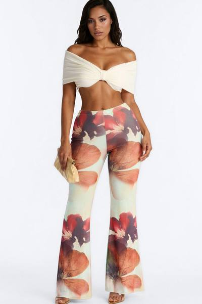 Jordana High Rise Double Lined Mesh Flare Pant - Green/combo