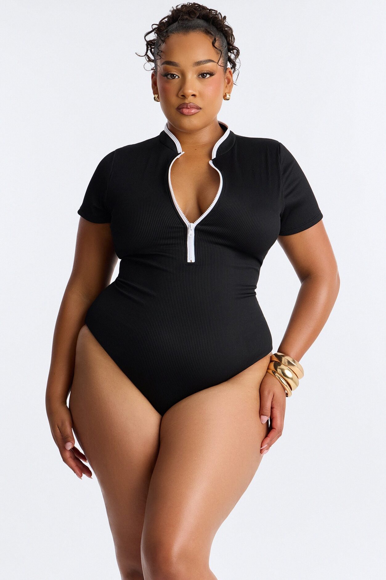 Elevated Ribbed 1 Piece Zip Up Short Sleeve Swimsuit - Black/White