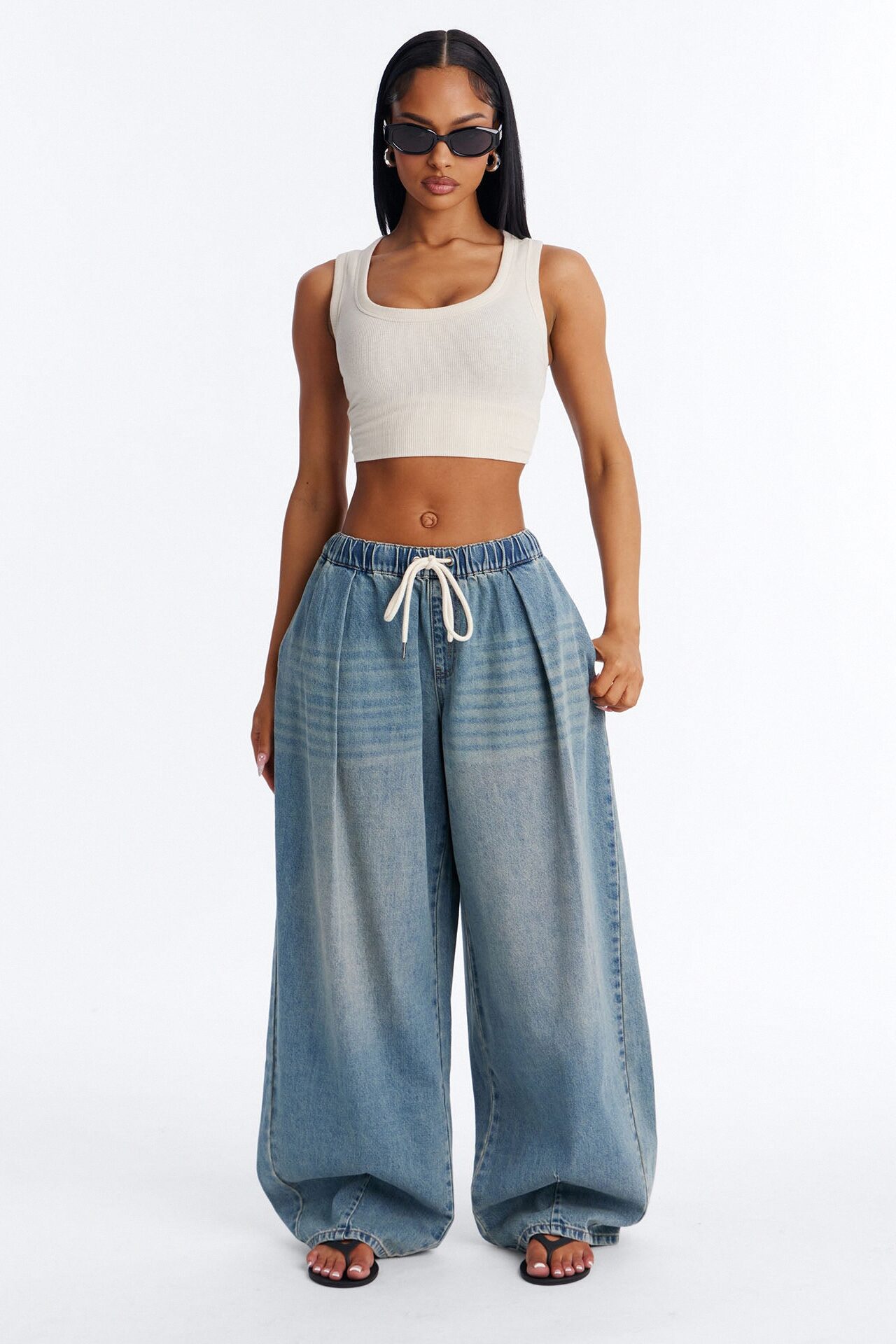 Direct Flight Tie Waist Baggy Jeans - Light Wash