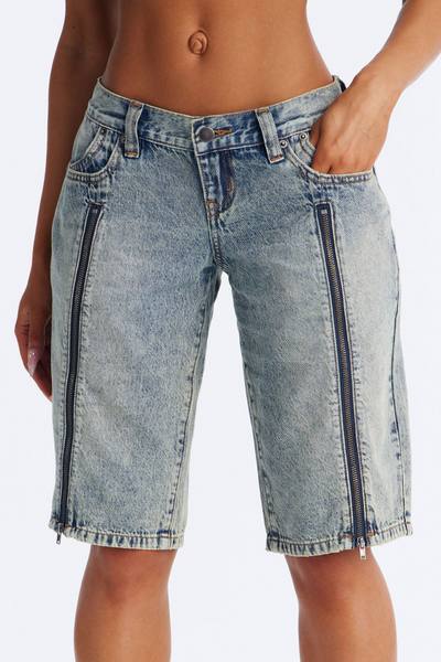 Zip It Ultra Low Rise Denim Jorts - Vintage Wash