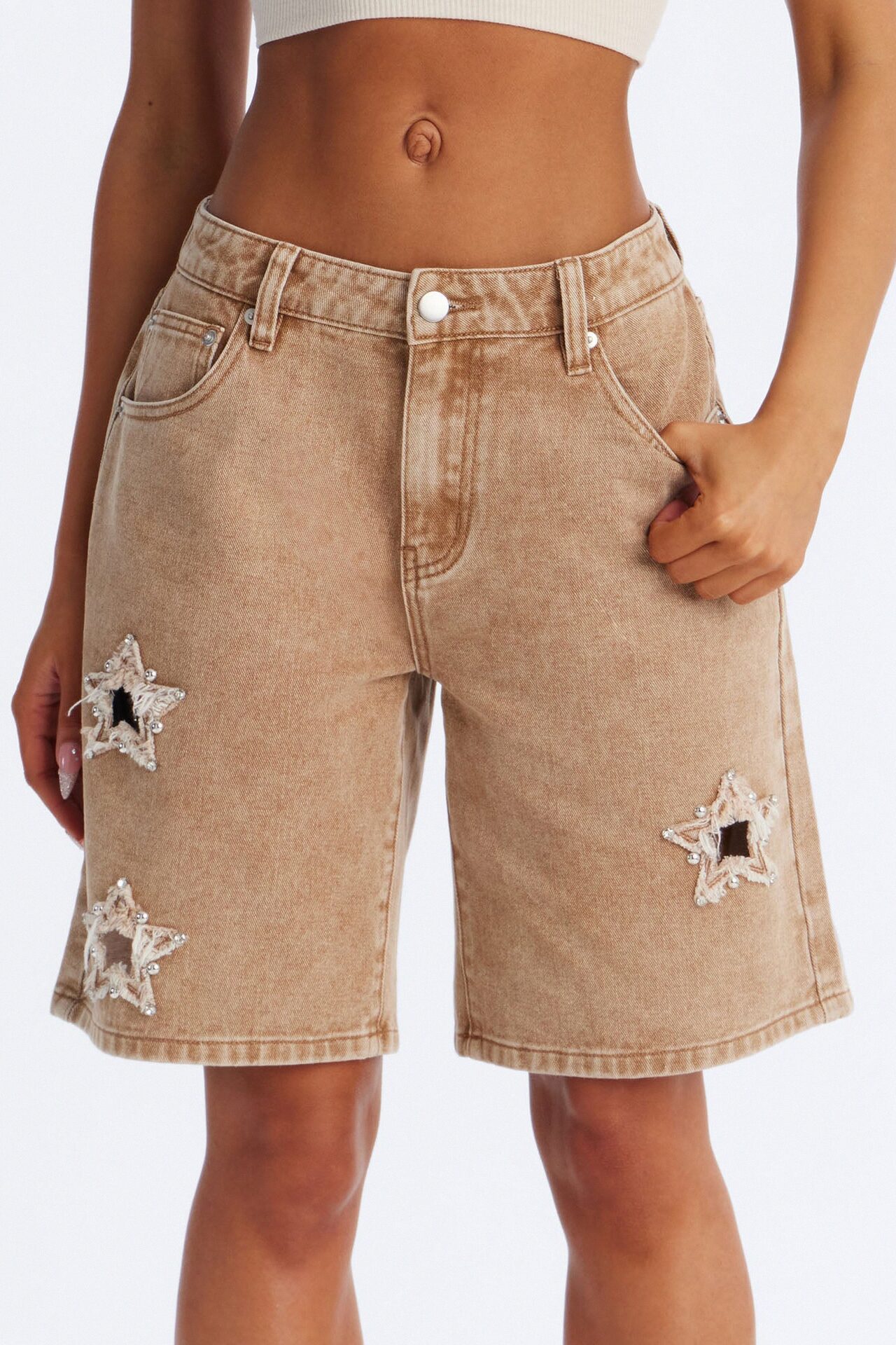Starry Eyes Embellished Denim Shorts - Brown