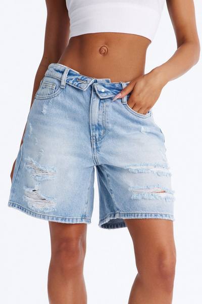 Just Liked It Foldover Ripped Denim Shorts - Light Wash