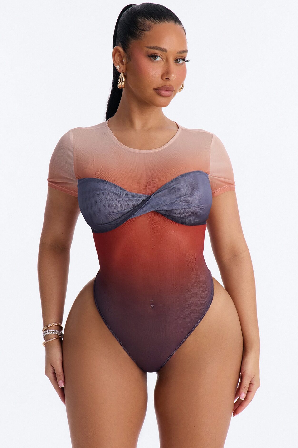 Barbados Sunset Ombre Mesh Short Sleeve Bodysuit - Multi Color