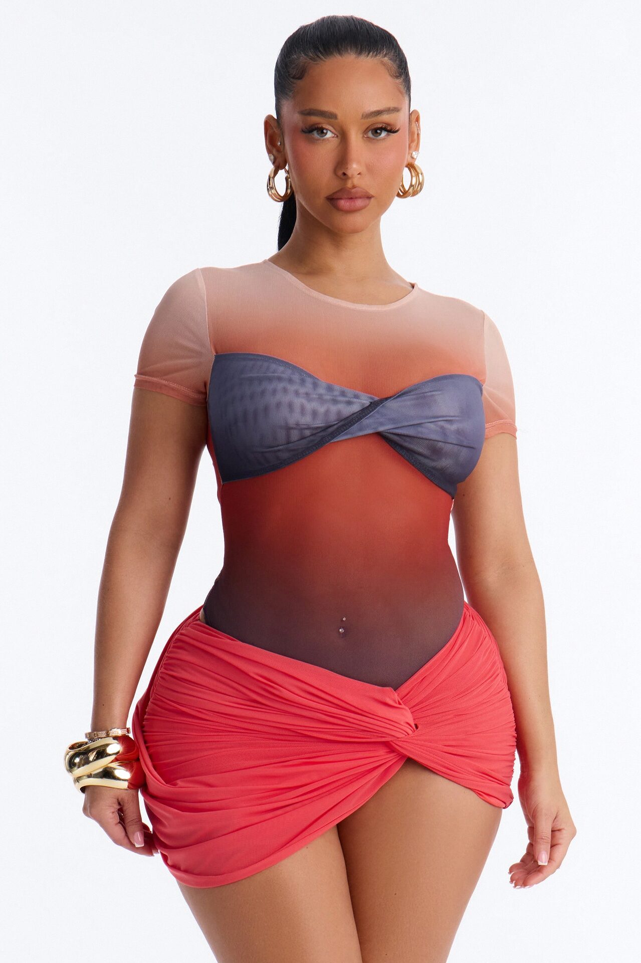 Barbados Sunset Ombre Mesh Short Sleeve Bodysuit - Multi Color