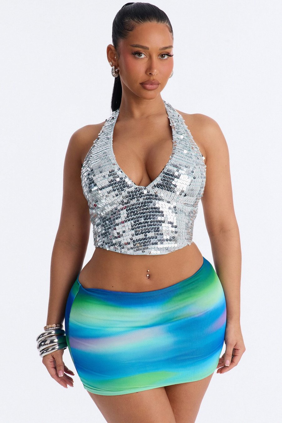 Kona Island Sequin Lace Up Halter Top - Blue/combo