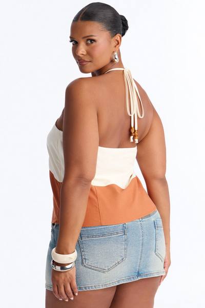 Pretty Playful Beaded Contrast Linen Halter Top - Cream/combo