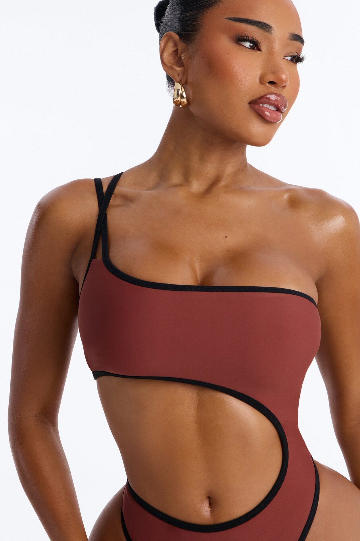 Riviera Ready 1 Piece One Shoulder Cut Out Swimsuit - Brown/combo