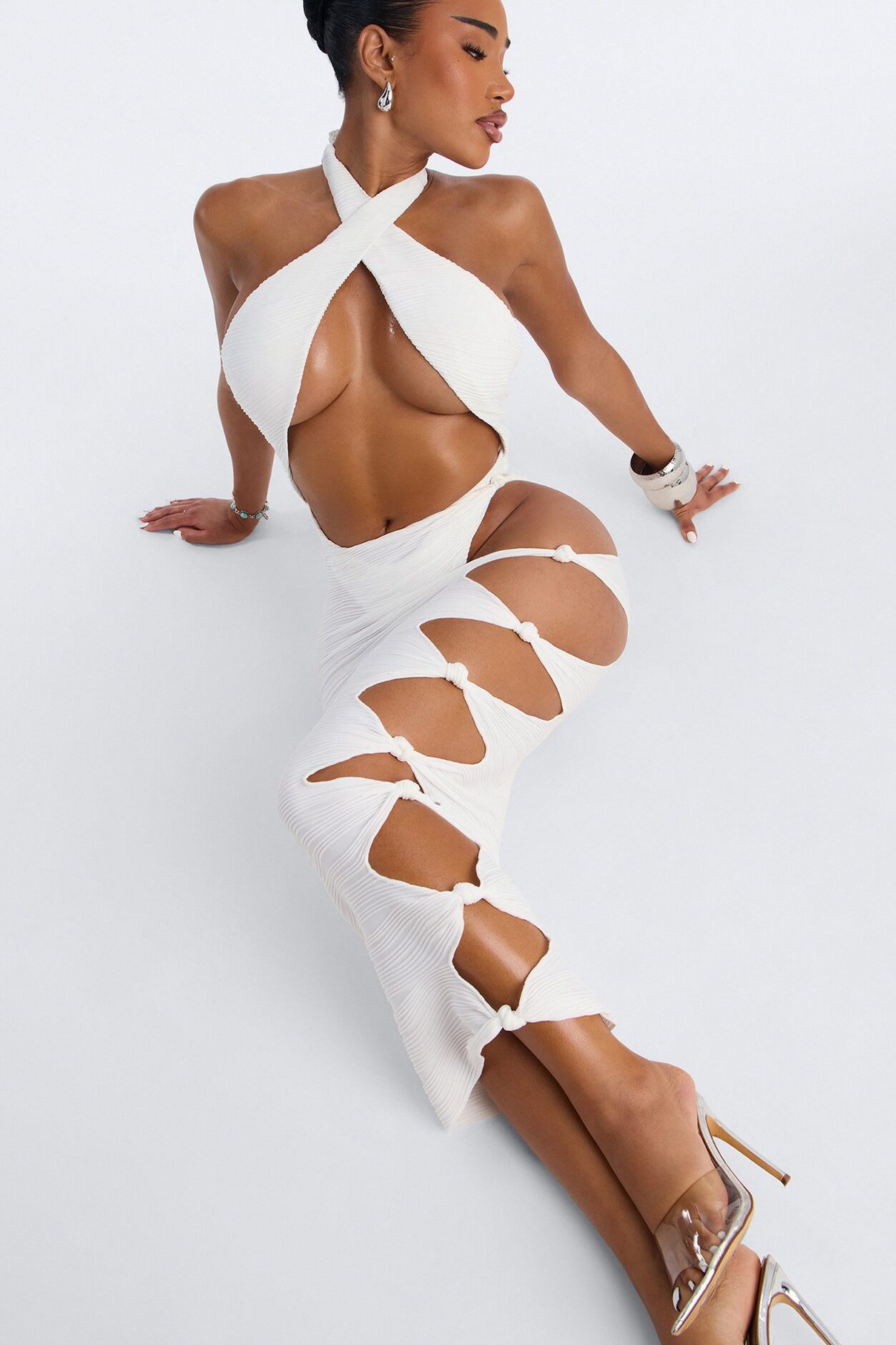 Moments Ribbed 1 Piece Halter Cut Out Swimsuit & Cover Up Midi Skirt Set - White
