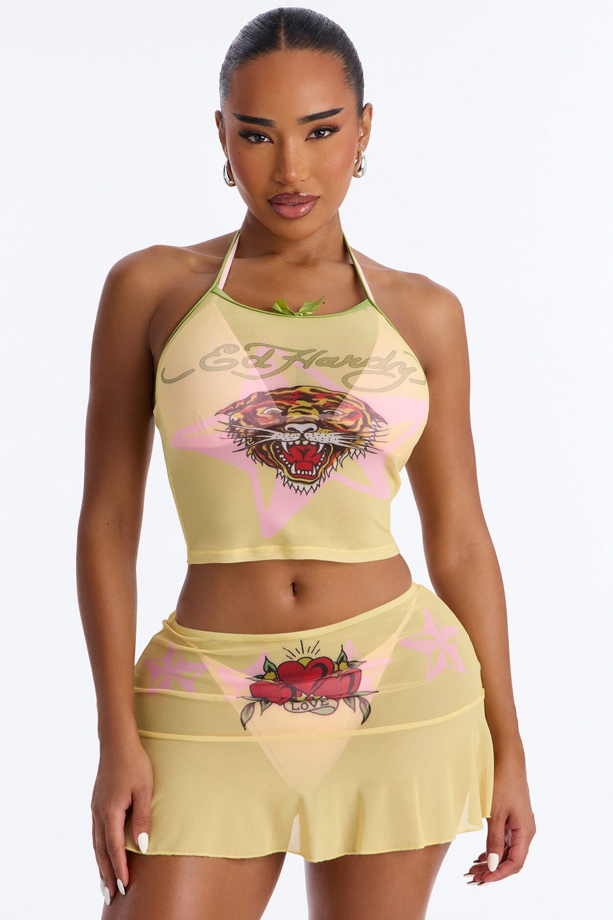 Ed Hardy Tiger Stars Cover Up Tank & Skirt Set - Yellow/combo
