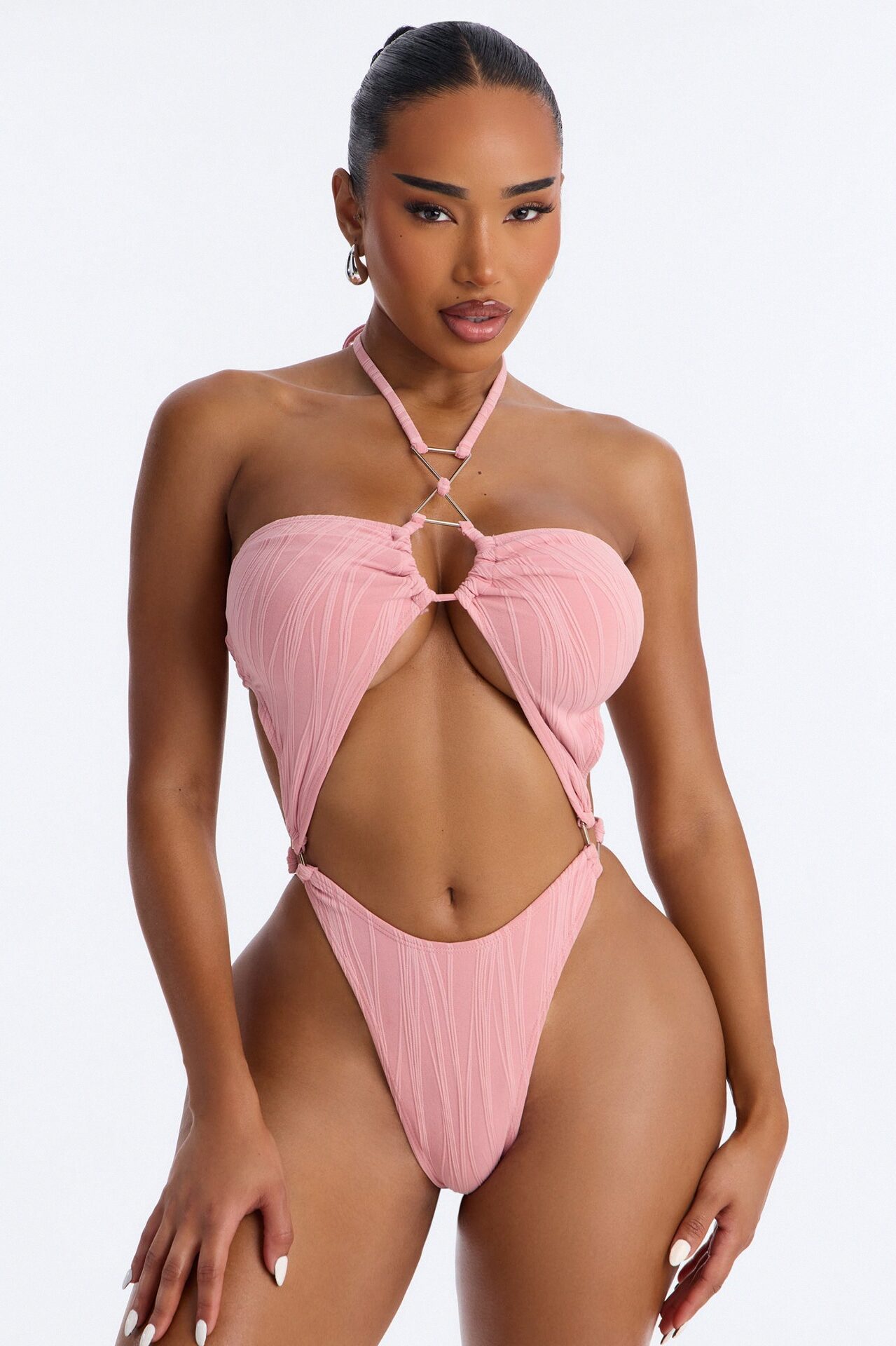 Summer On Repeat Ribbed 1 Piece Halter Bralette Cut Out Swimsuit - Pink