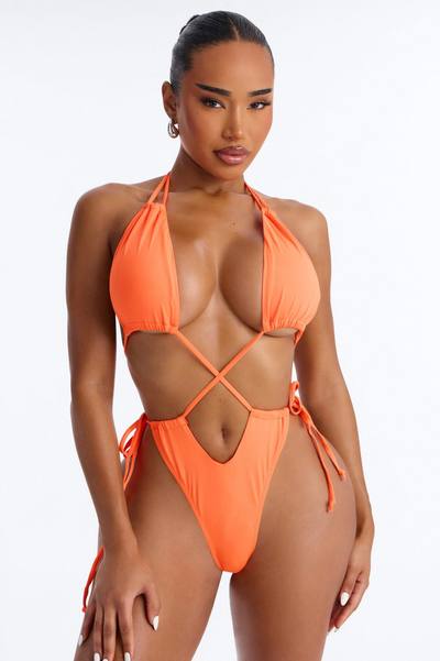 Sunrise Selfies Strappy One Piece Swimsuit - Neon Orange
