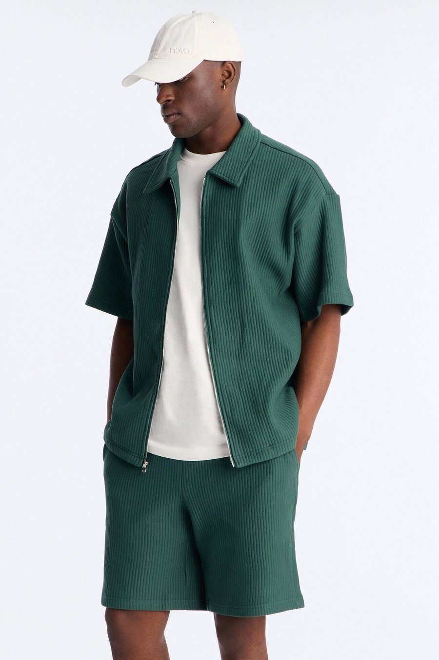 Textured Oversized Fleece Zip Up Shirt - Green