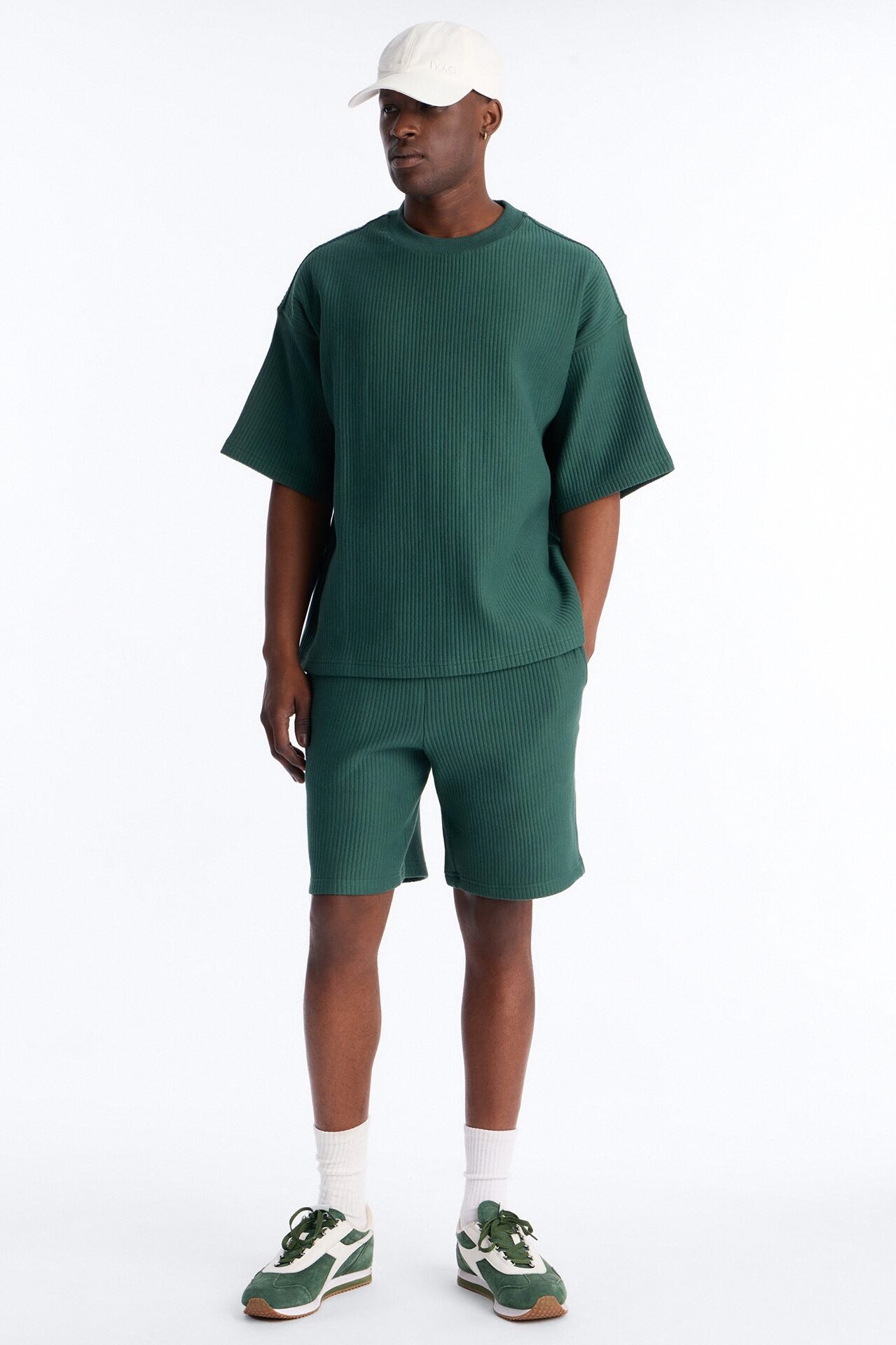 Textured Oversized Short Sleeve Fleece Tee - Hunter Green