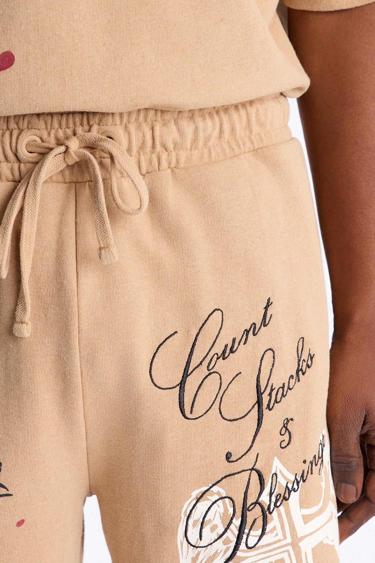 Count Your Blessings Embroidered Relaxed Sweatshort - Tan