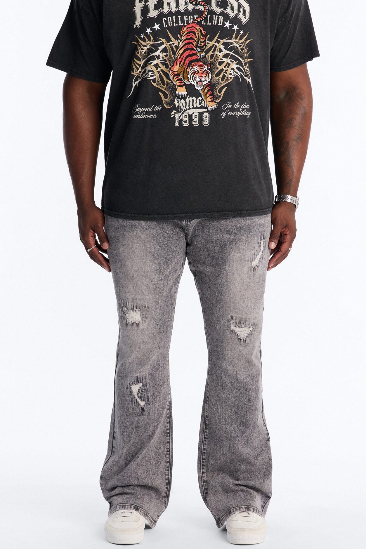 Stacked Skinny Flare Threaded Destroyed Jeans - Grey