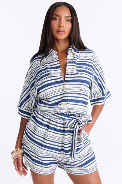 Stilia Striped Collar Linen Romper - Navy