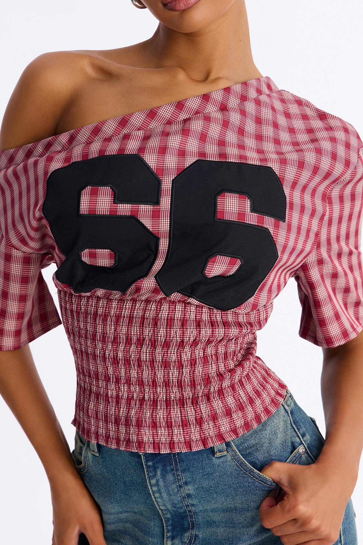 Plaid And Sporty Off Shoulder Top - Red