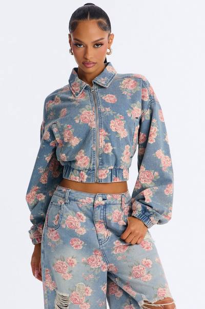 You Grow Girl Printed Denim Bomber Jacket - Vintage Wash