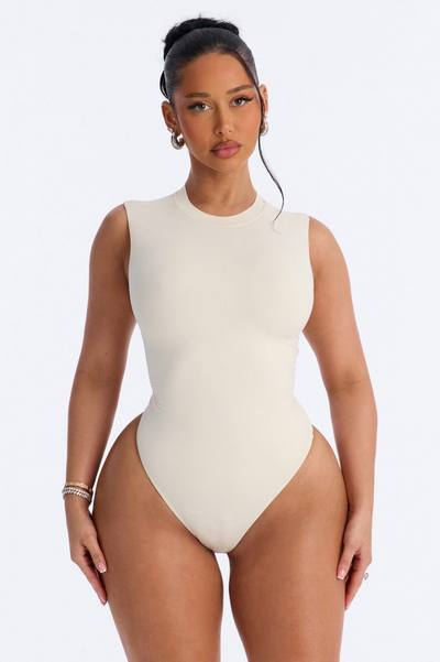 Second Skin Double Lined Mock Neck Sleeveless Bodysuit - Bone