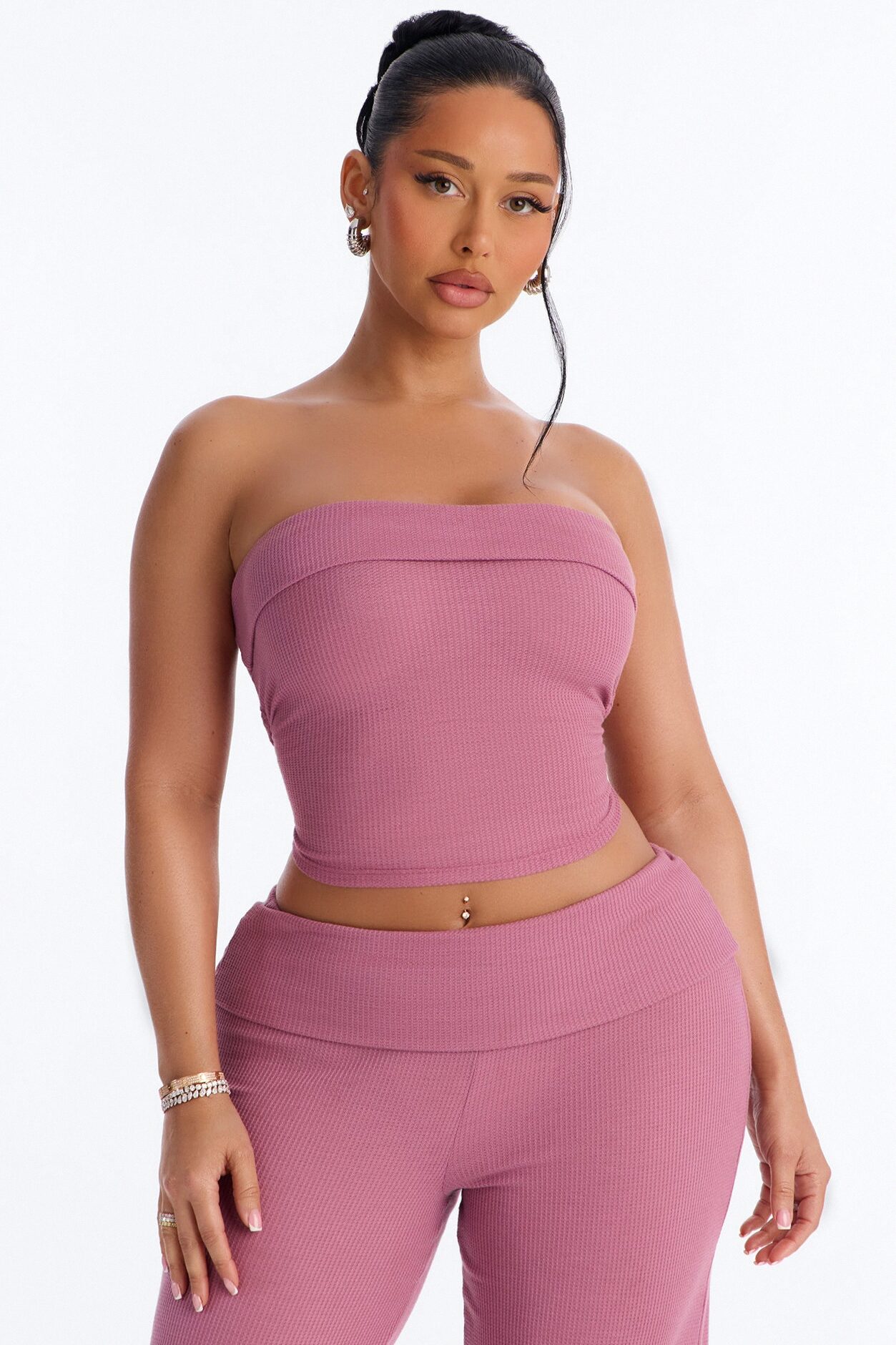 Megan Waffle Knit Foldover Waist Pant Set - Mauve