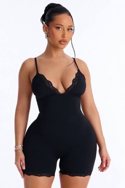 Second Skin Double Lined Lace Trim Tank Romper - Black