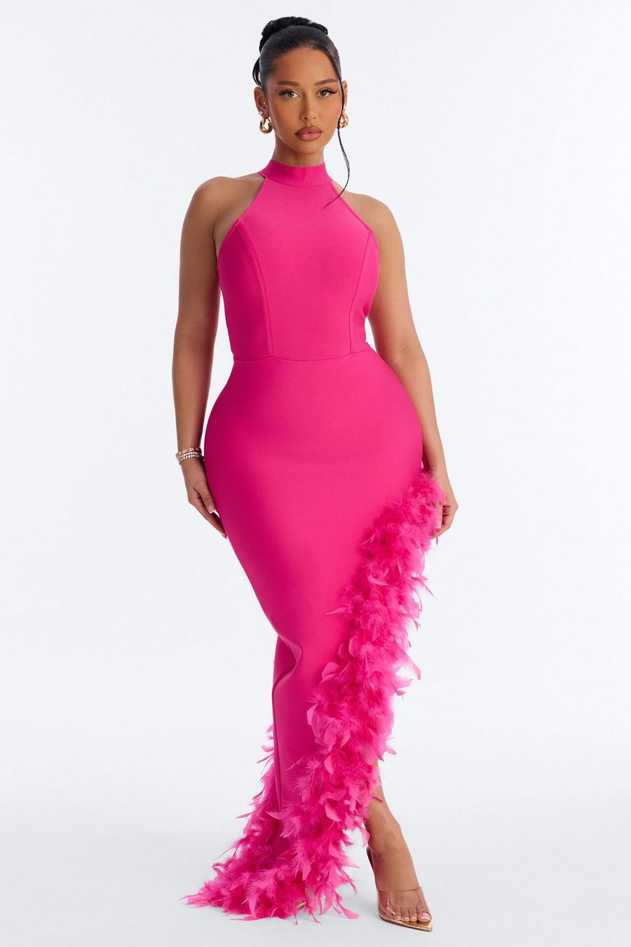 Jorgie Feathered Bandage Gown - Pink
